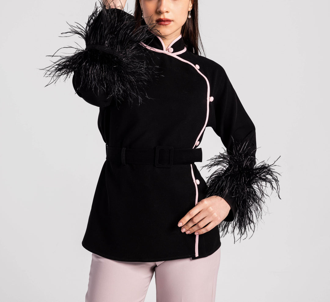 Feather Cuff Textured Flare Suit - MOONMAINS EGY