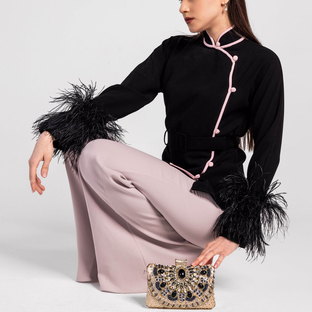 Feather Cuff Textured Flare Suit - MOONMAINS EGY