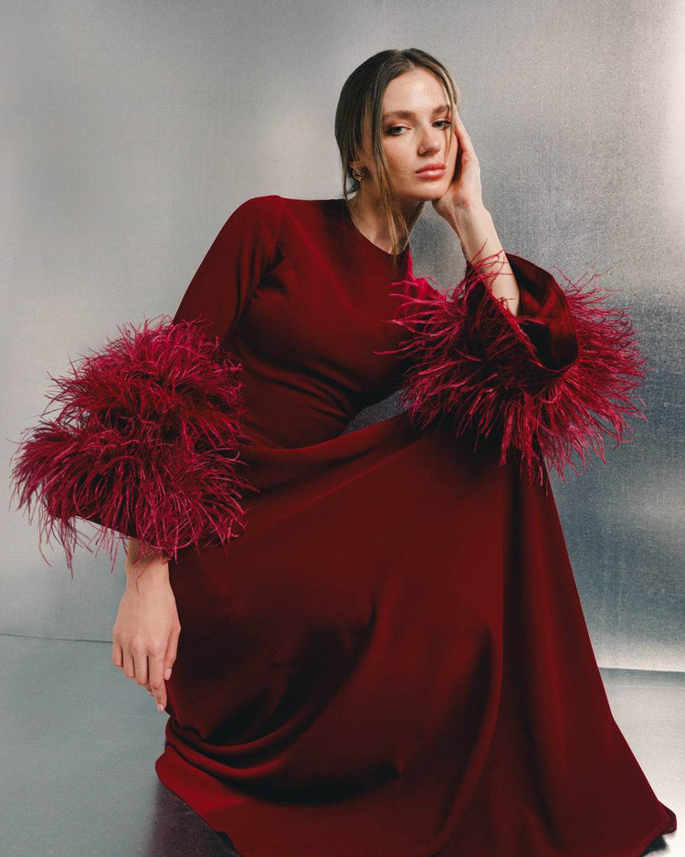 Raya Feather trimmed maxi dress - MOONMAINS EGY