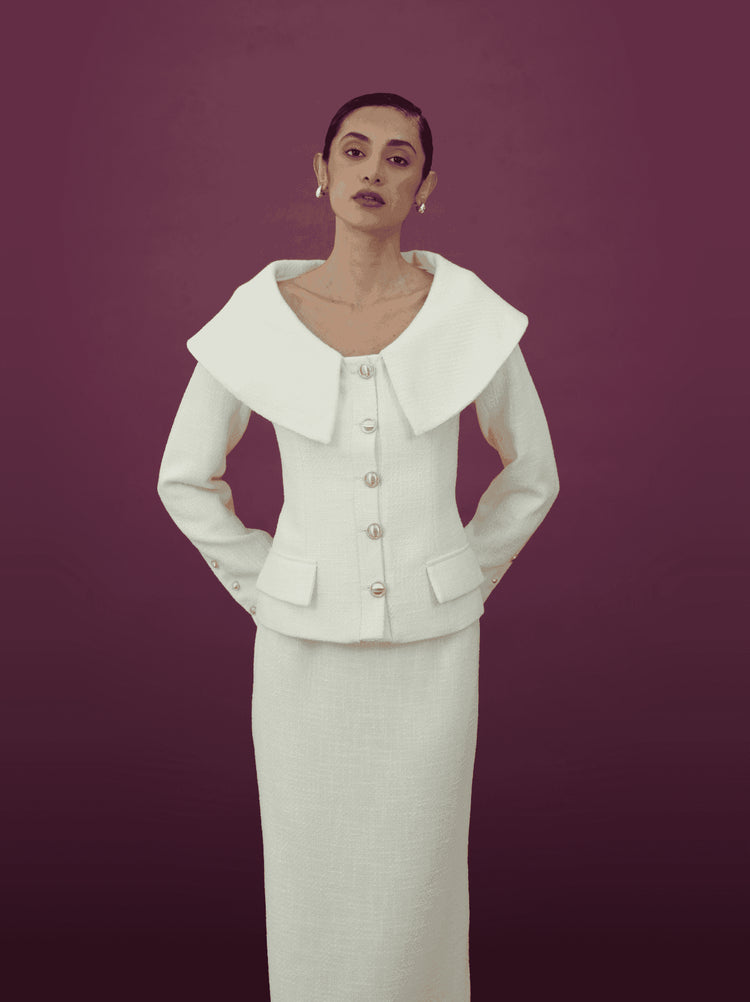 Ivory Wide Collar Jacket and Midi Skirt Set - MOONMAINS EGY
