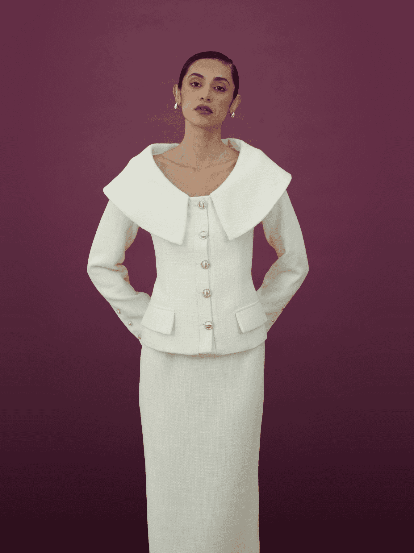 Ivory Wide Collar Jacket and Midi Skirt Set - MOONMAINS EGY