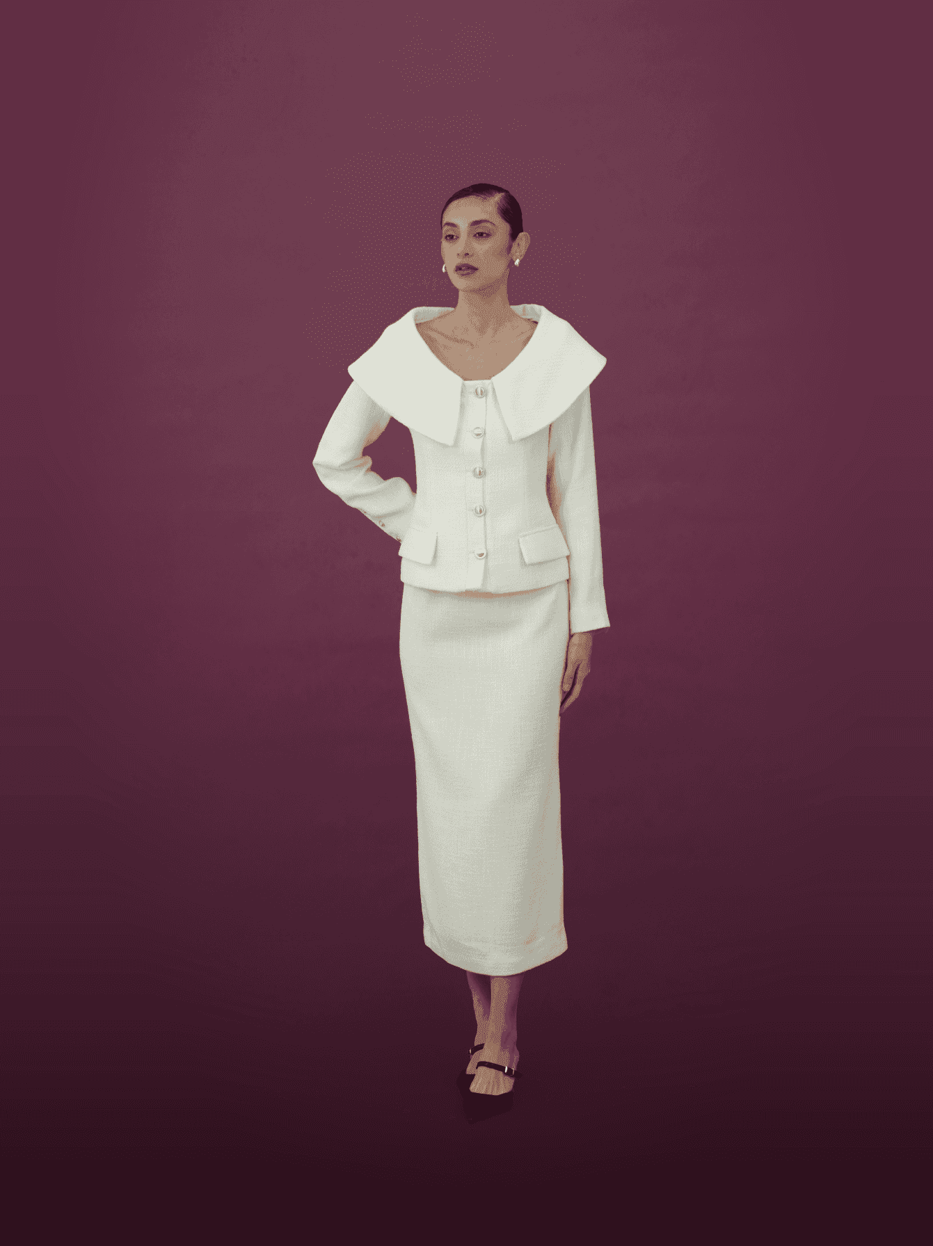 Ivory Wide Collar Jacket and Midi Skirt Set - MOONMAINS EGY