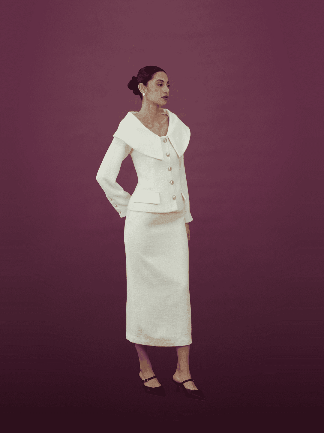 Ivory Wide Collar Jacket and Midi Skirt Set - MOONMAINS EGY
