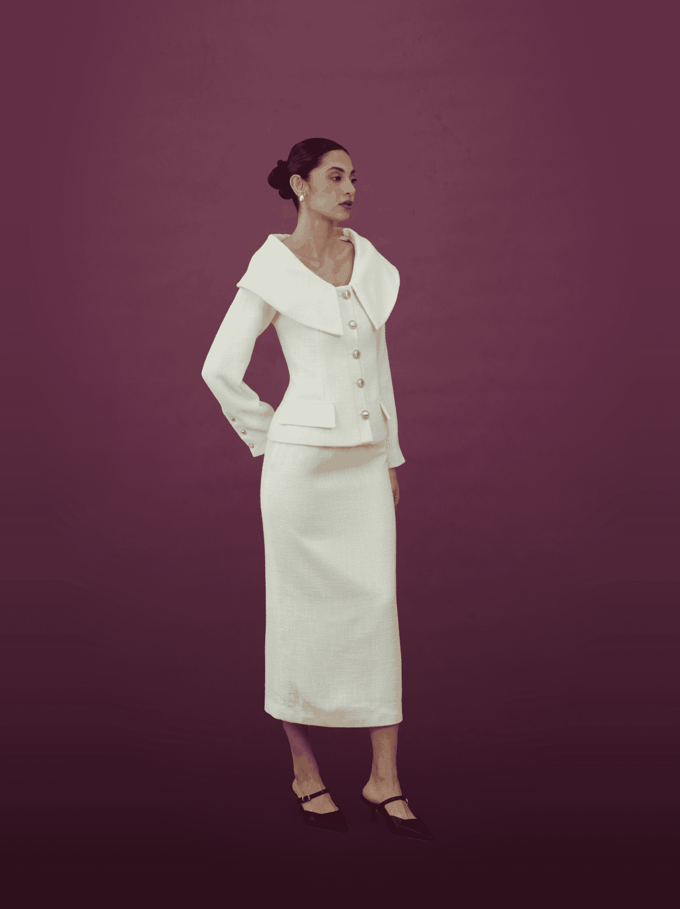 Ivory Wide Collar Jacket and Midi Skirt Set - MOONMAINS EGY