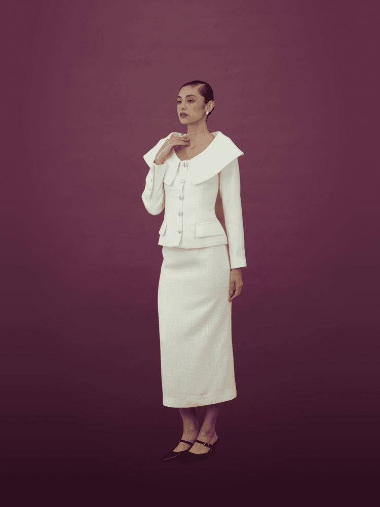 Ivory Wide Collar Jacket and Midi Skirt Set - MOONMAINS EGY