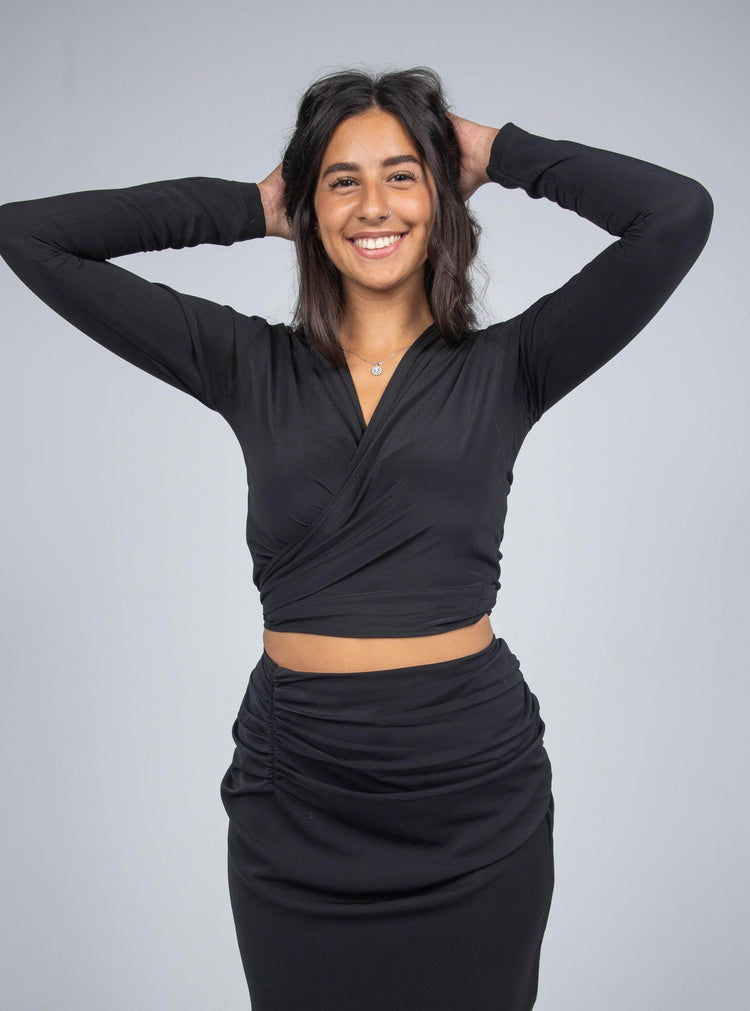 LONG SLEEVE V NECK TIE KNOT BANDAGE WRAP BLOUSE - MOONMAINS EGY