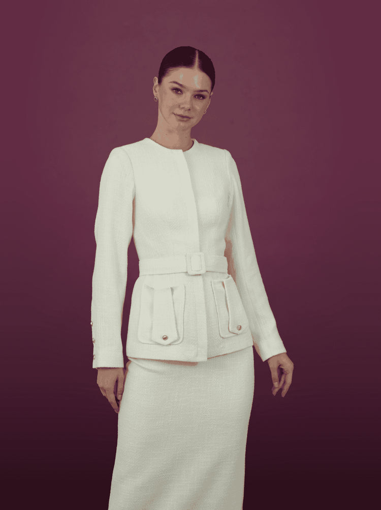Cream Textured Belted Jacket and Skirt Set - MOONMAINS EGY