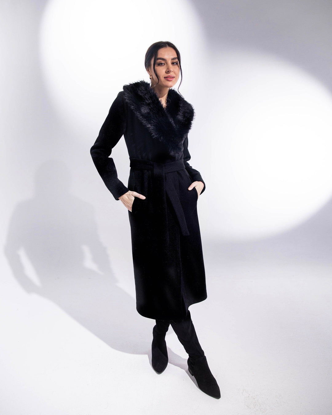 FAUX FUR COLLAR COAT WITH BELT - MOONMAINS EGY
