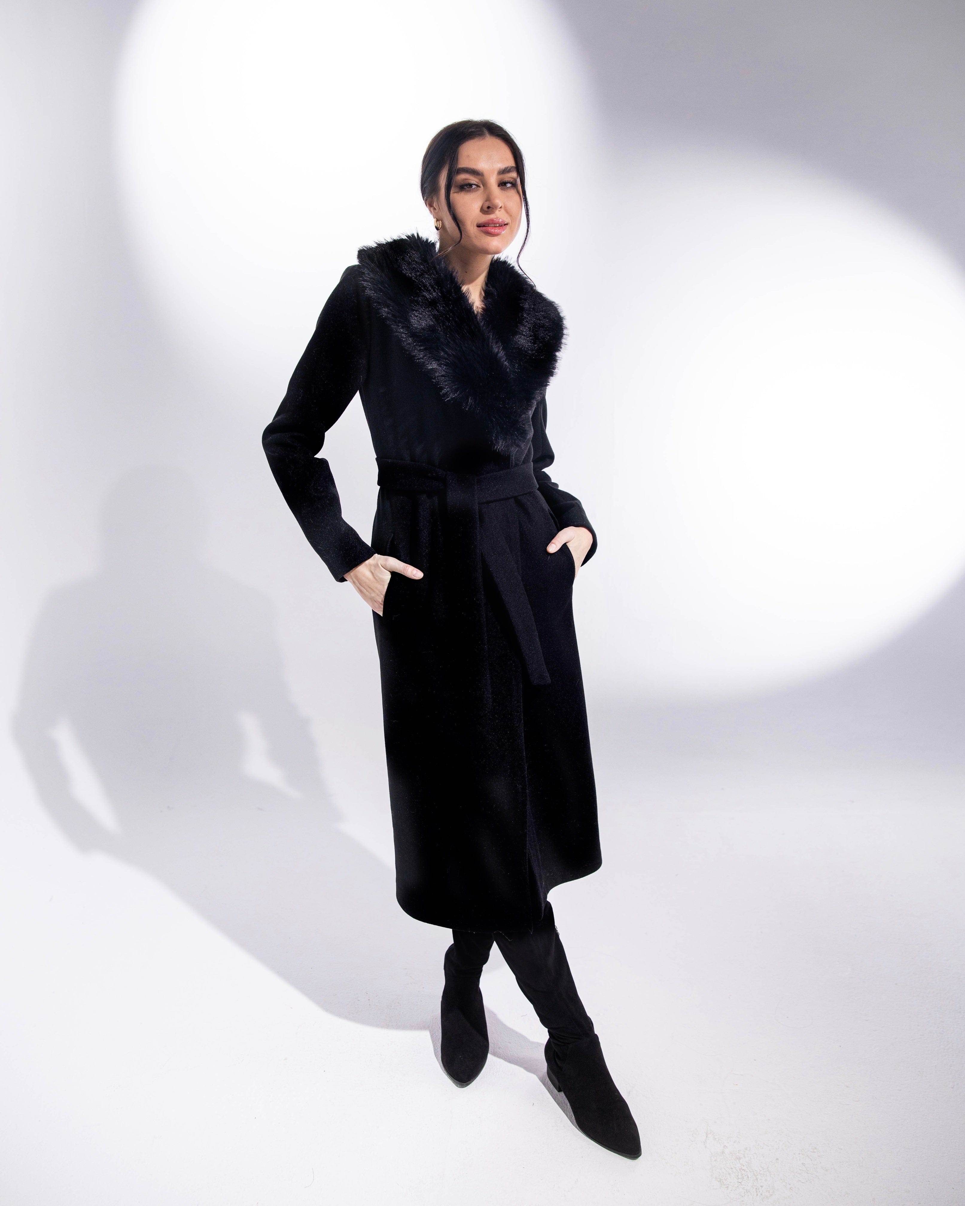 FAUX FUR COLLAR COAT WITH BELT - MOONMAINS EGY