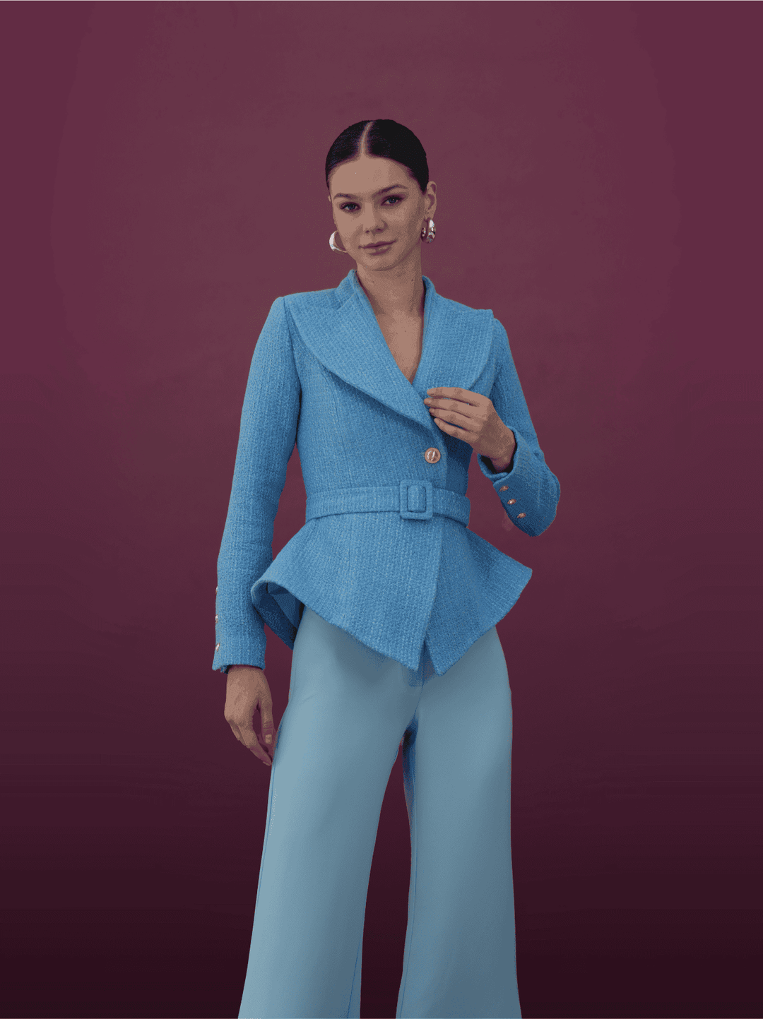 Powder Blue Belted Peplum Blazer Set - MOONMAINS EGY
