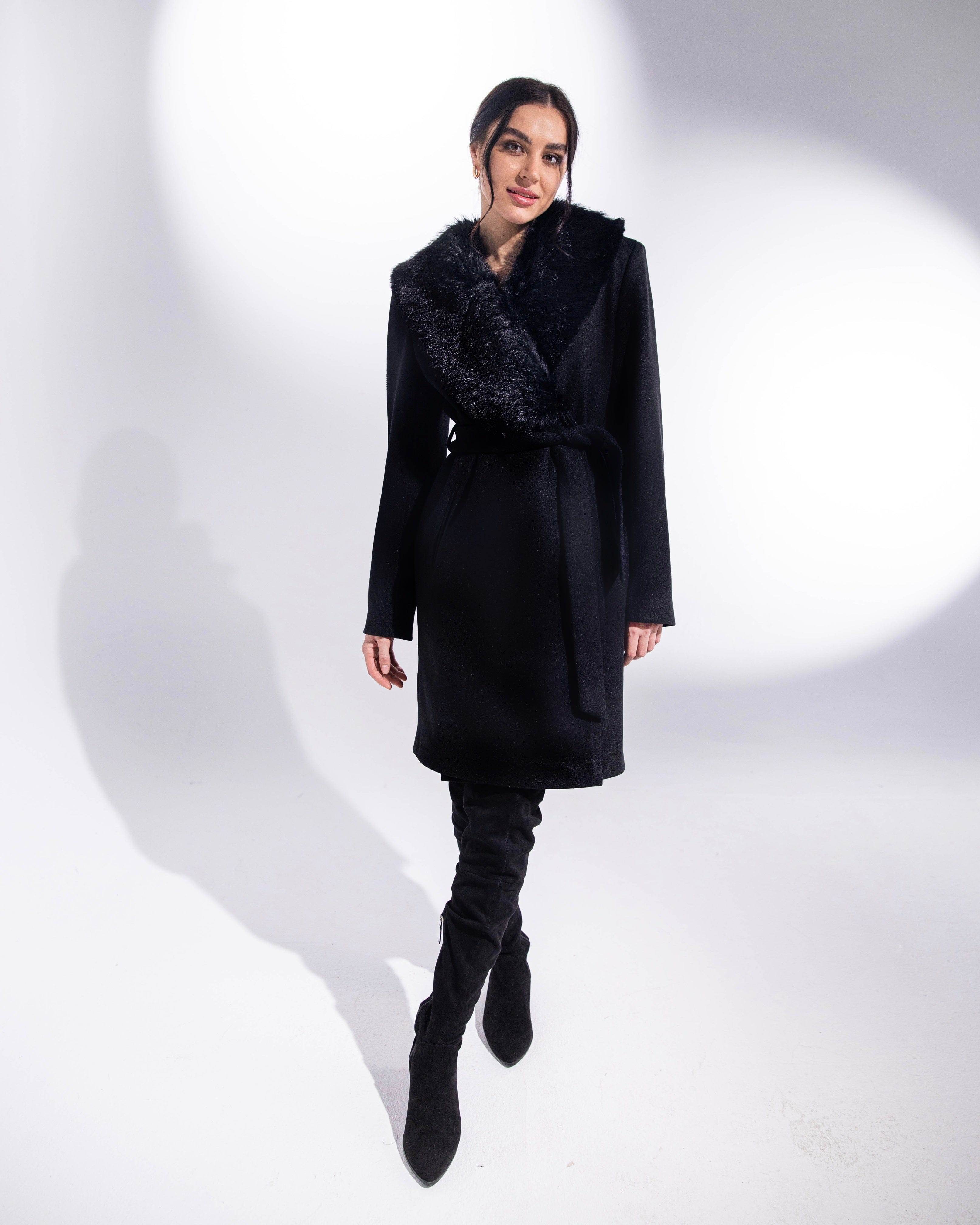 SHORT WOOL BLEND COAT WITH FUR COLLAR - MOONMAINS EGY