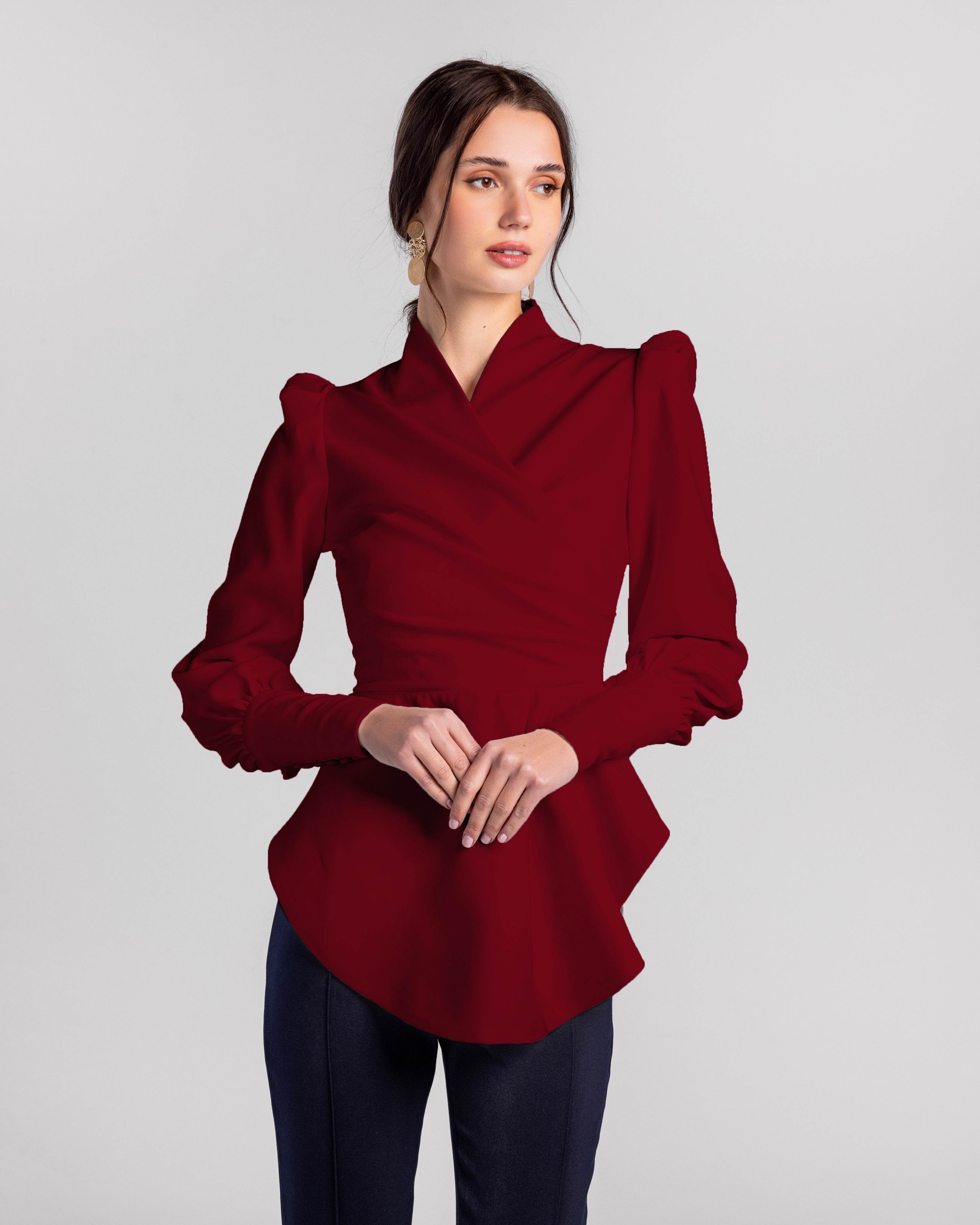 Crimson Cascade Button-Sleeve Blouse - MOONMAINS EGY