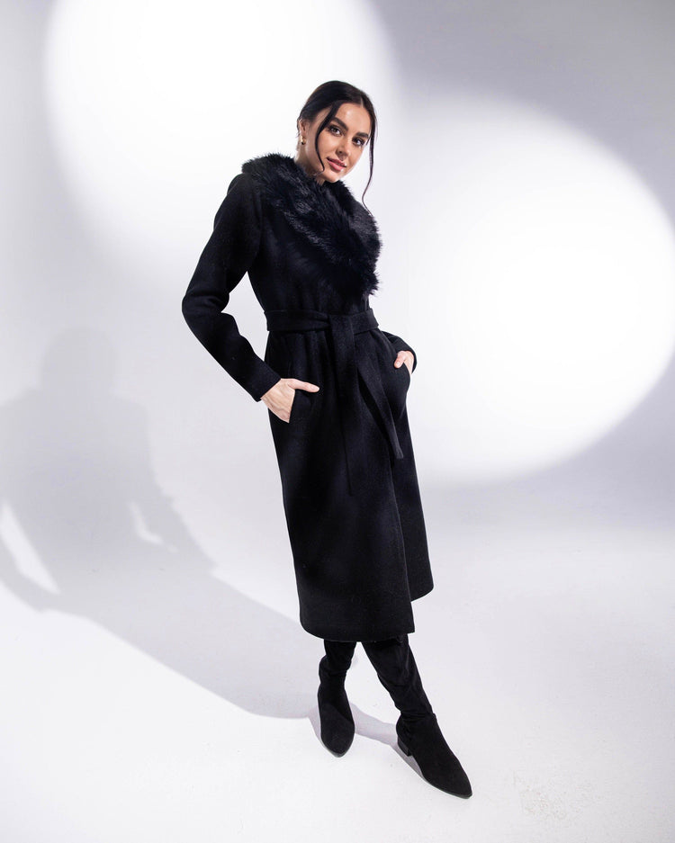 FAUX FUR COLLAR COAT WITH BELT - MOONMAINS EGY