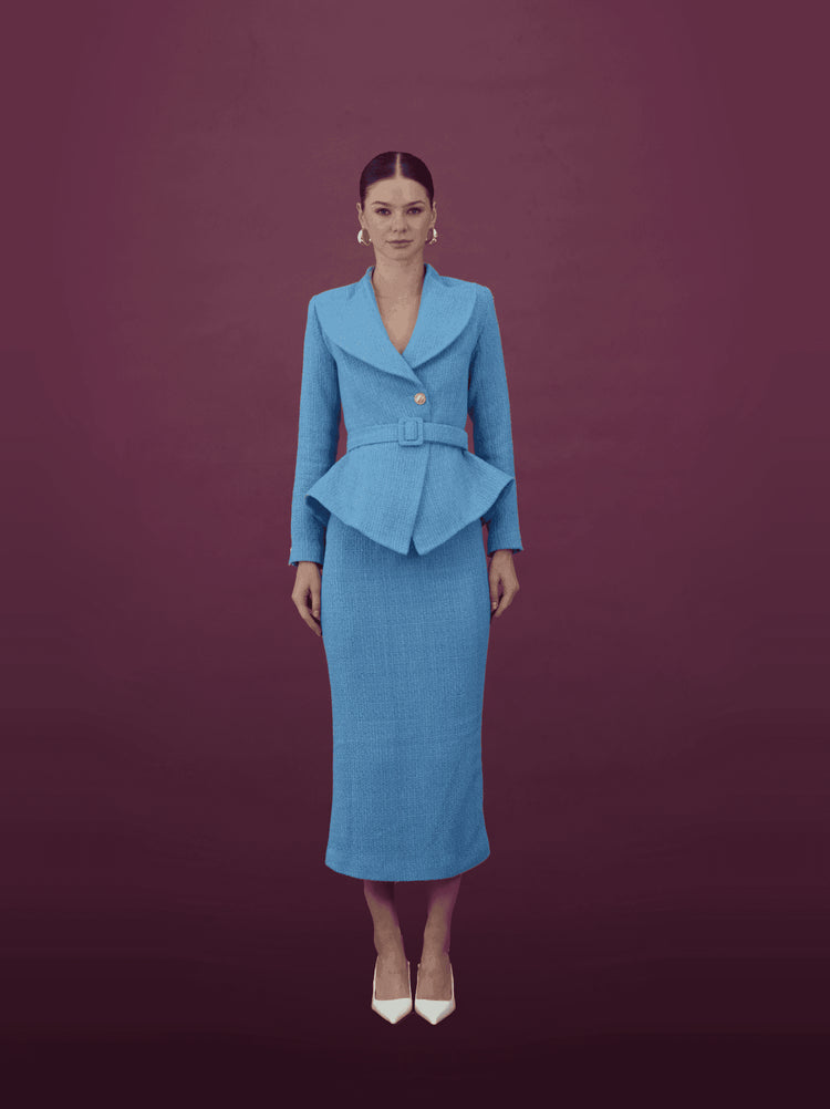 Royal Blue Peplum Jacket and Midi Skirt Set - MOONMAINS EGY