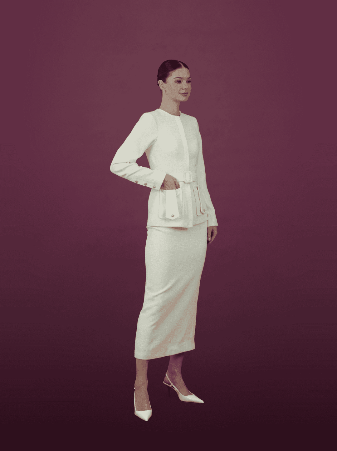 Cream Textured Belted Jacket and Skirt Set - MOONMAINS EGY