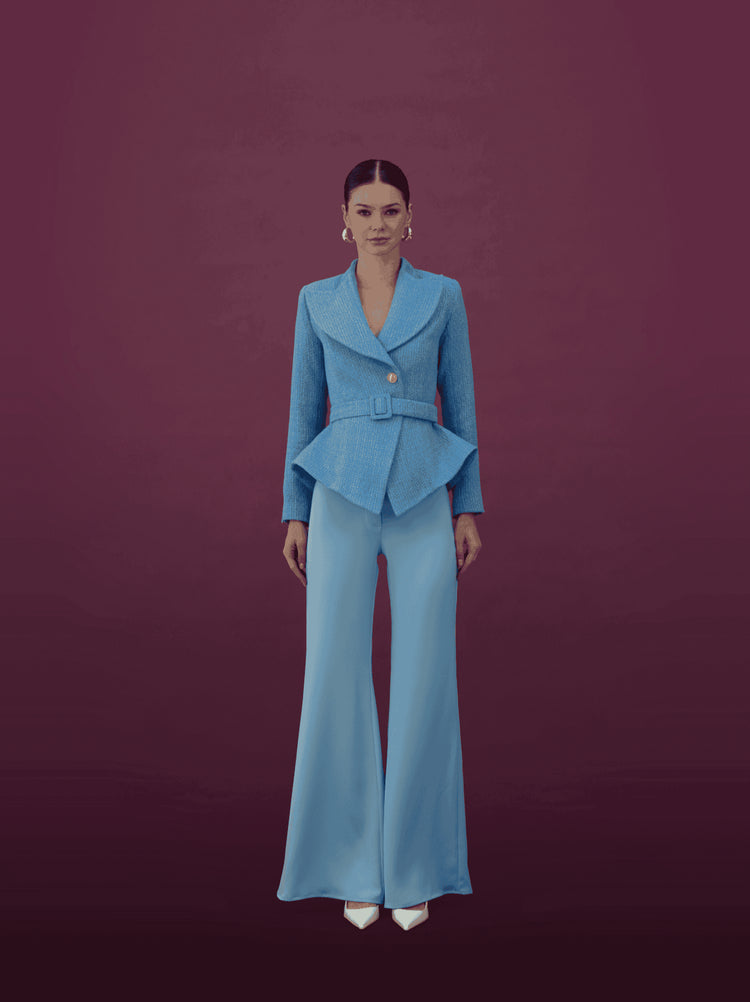 Powder Blue Belted Peplum Blazer Set - MOONMAINS EGY