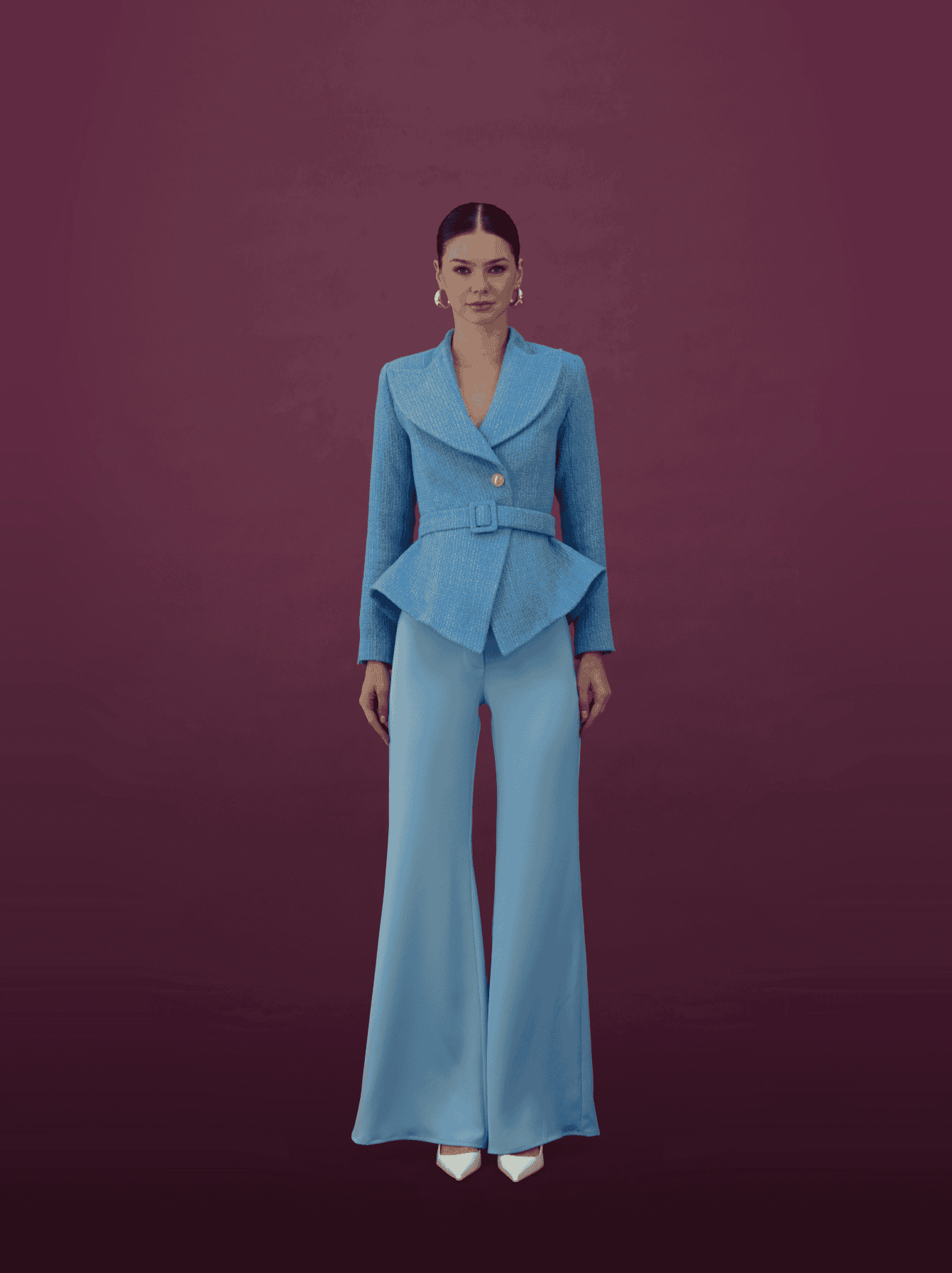Powder Blue Belted Peplum Blazer Set - MOONMAINS EGY