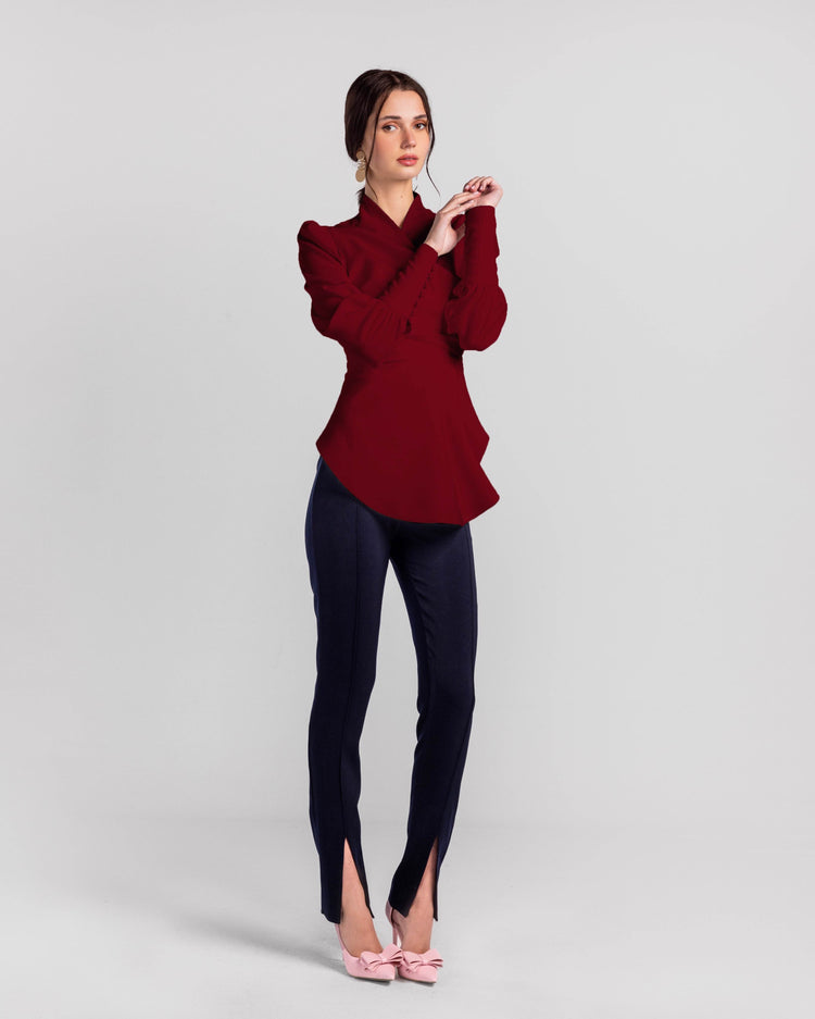 Crimson Cascade Button-Sleeve Blouse - MOONMAINS EGY