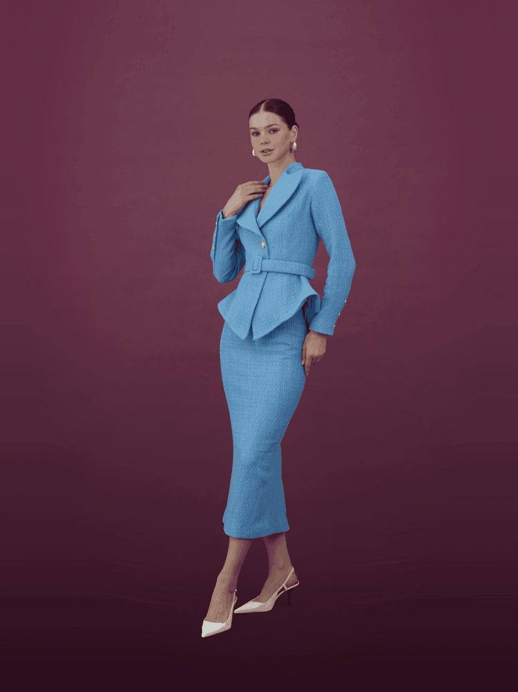 Royal Blue Peplum Jacket and Midi Skirt Set - MOONMAINS EGY