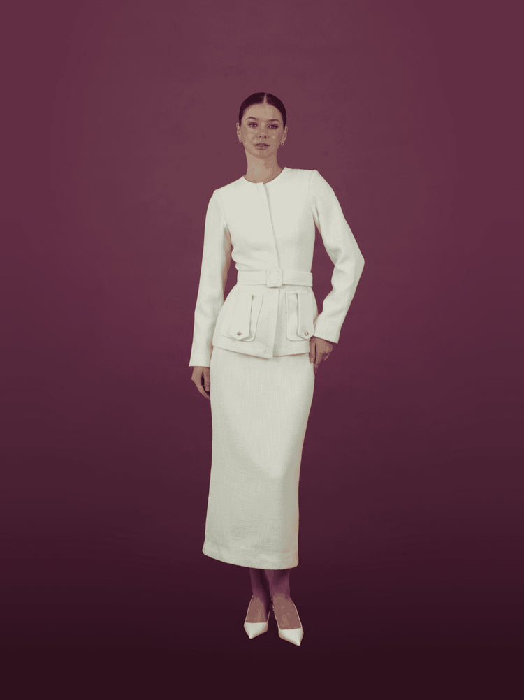 Cream Textured Belted Jacket and Skirt Set - MOONMAINS EGY