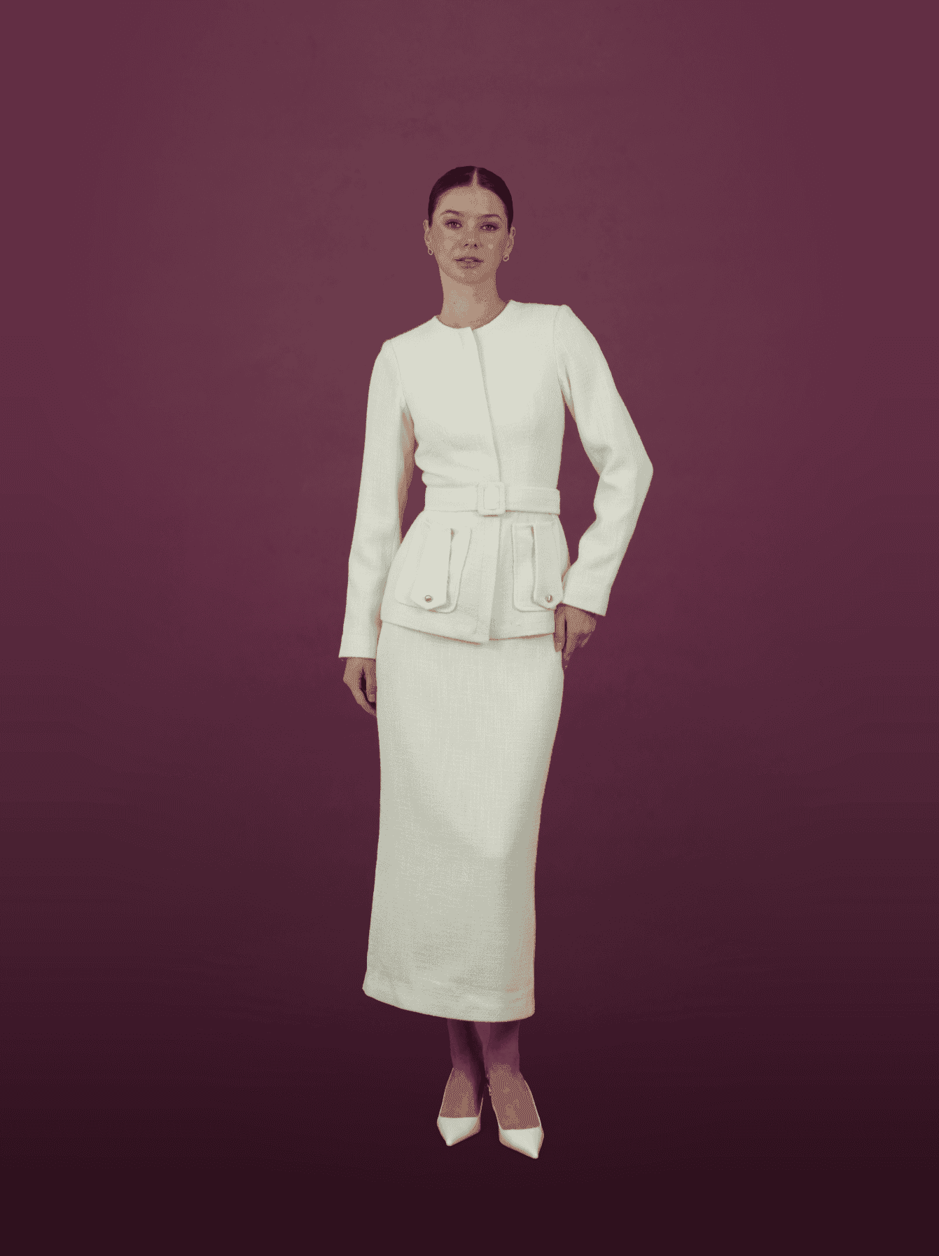 Cream Textured Belted Jacket and Skirt Set - MOONMAINS EGY