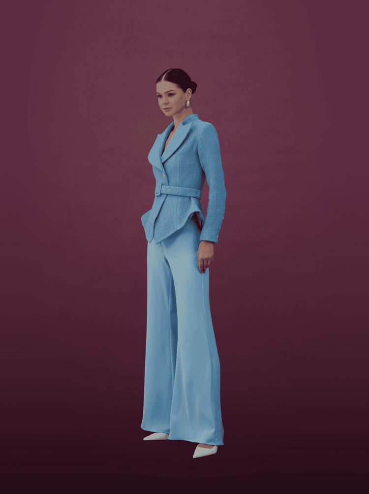 Powder Blue Belted Peplum Blazer Set - MOONMAINS EGY