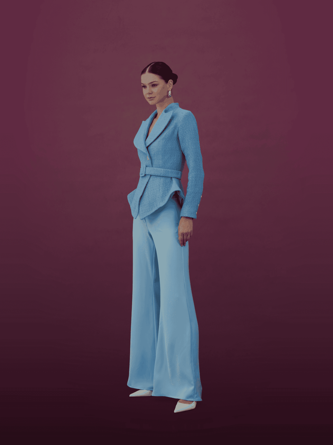 Powder Blue Belted Peplum Blazer Set - MOONMAINS EGY