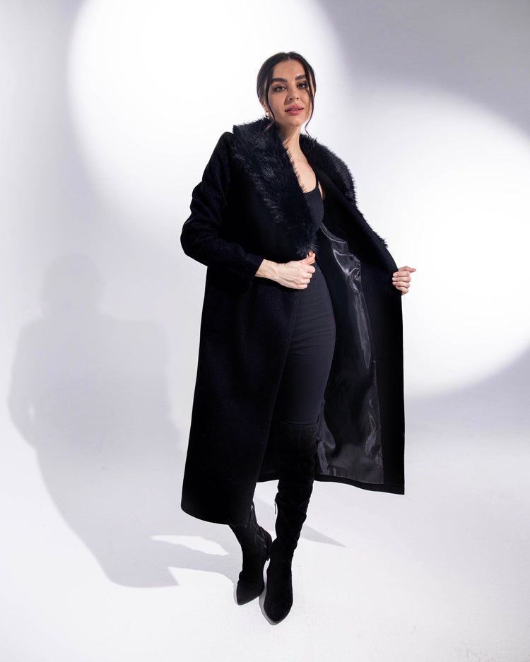 FAUX FUR COLLAR COAT WITH BELT - MOONMAINS EGY