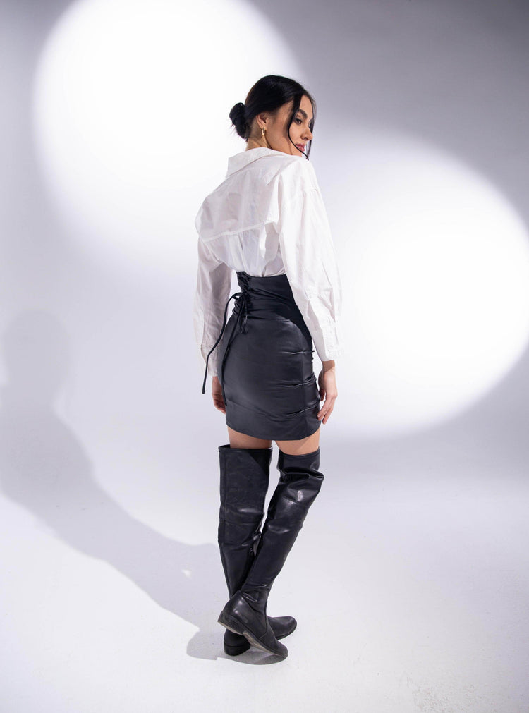 RUCHED HIGH WAIST FAUX LEATHER MINI SKIRT WITH TIE - MOONMAINS EGY