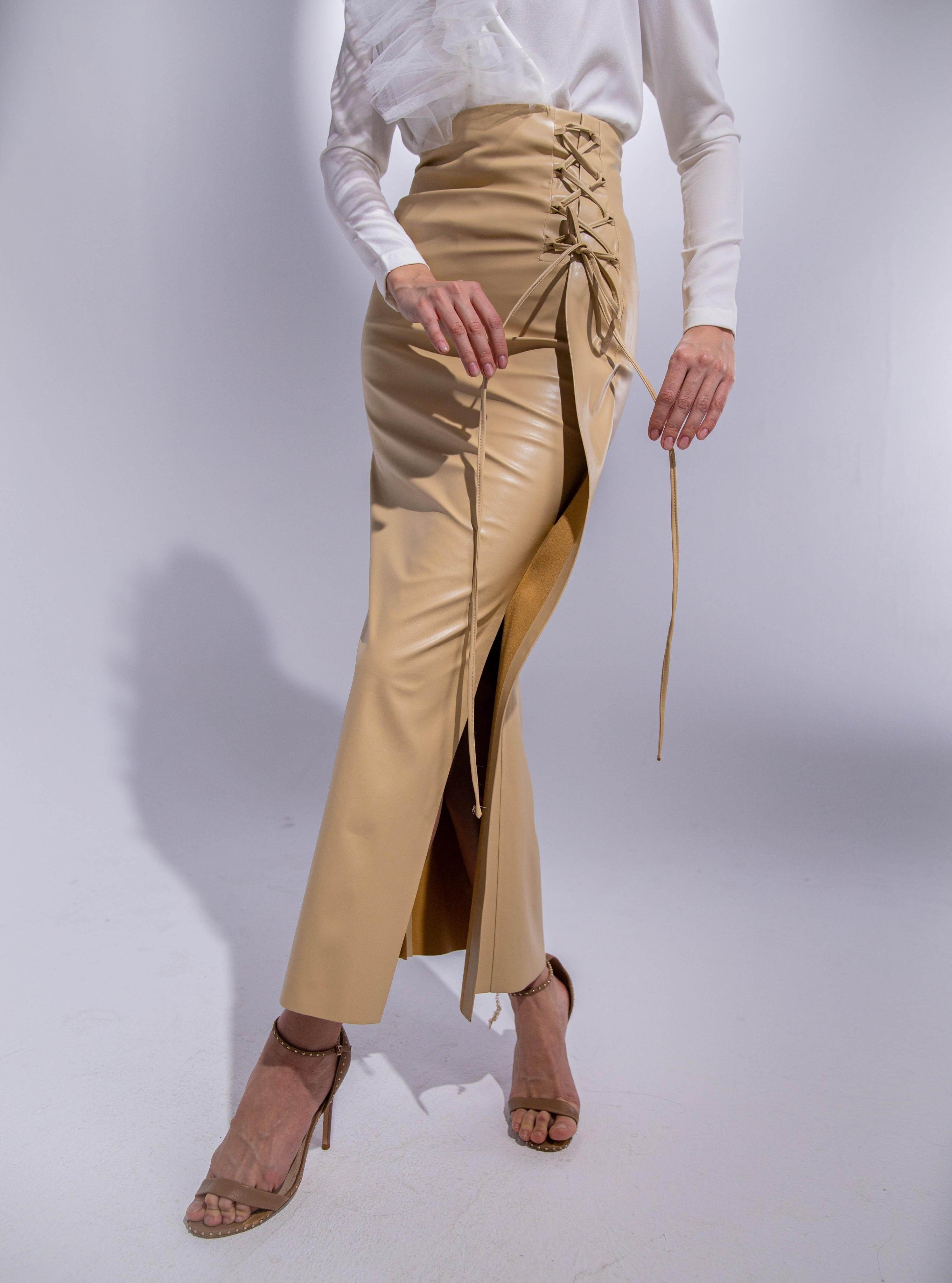 FAUX LEATHER DRAWSTRING SPLIT FRONT - MOONMAINS EGY