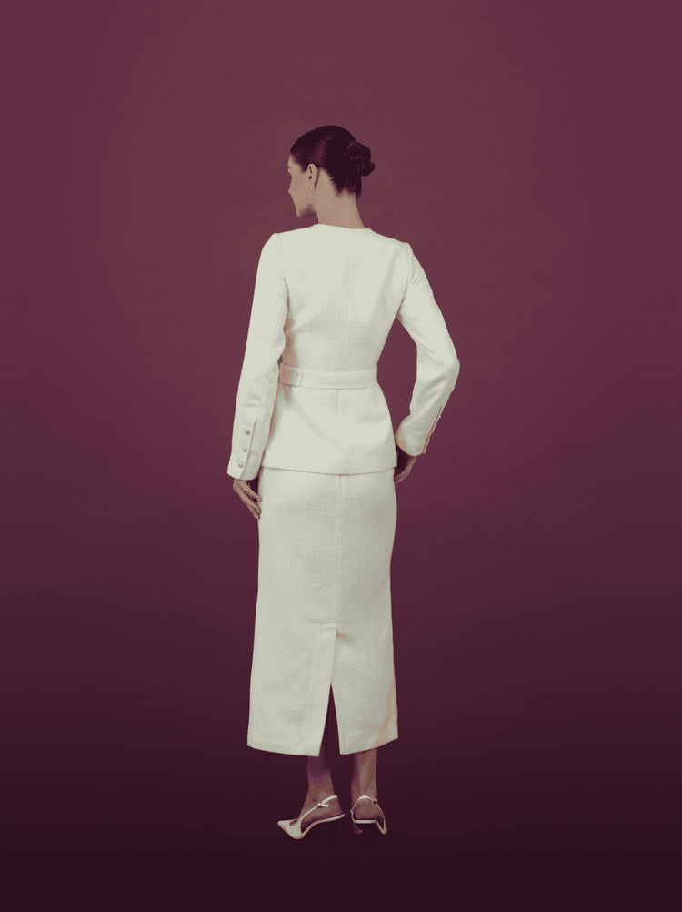 Cream Textured Belted Jacket and Skirt Set - MOONMAINS EGY