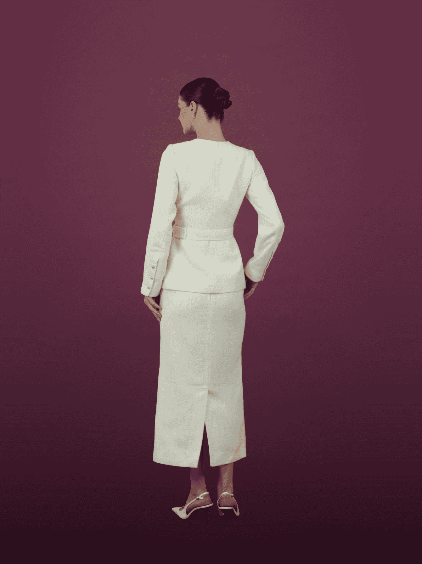 Cream Textured Belted Jacket and Skirt Set - MOONMAINS EGY