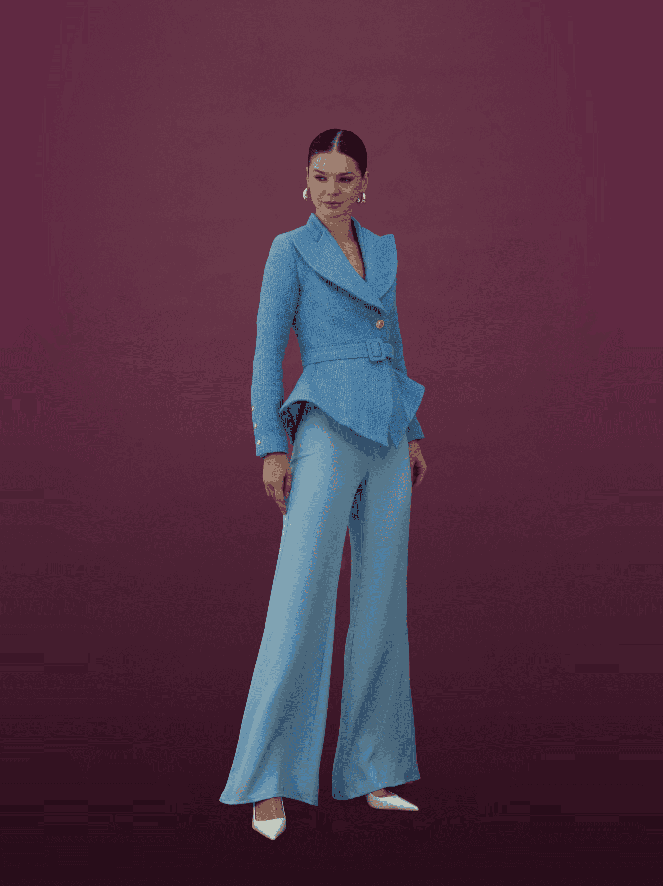 Powder Blue Belted Peplum Blazer Set - MOONMAINS EGY