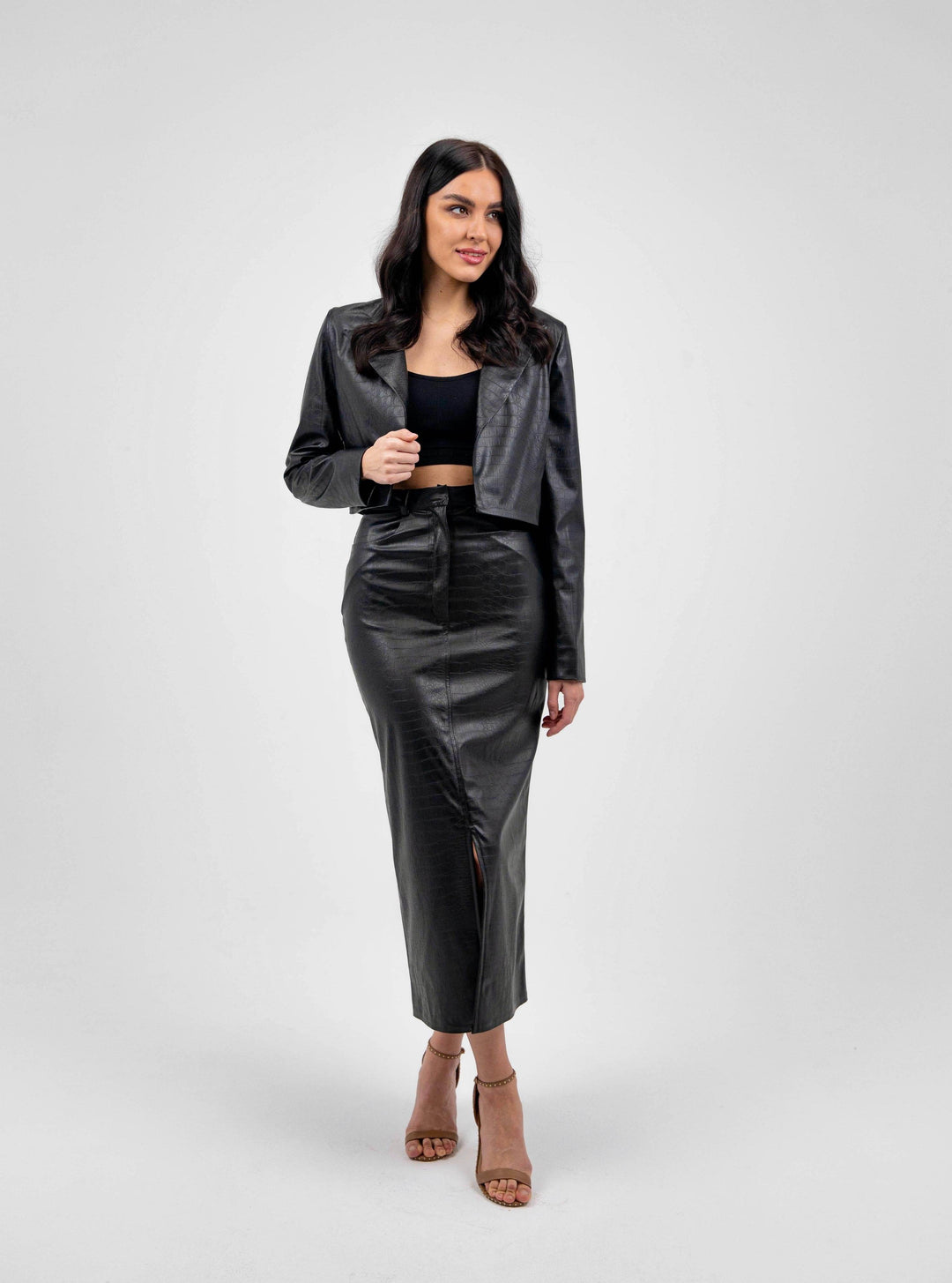 CROPPED FAUX LEATHER NATURAL BLAZER - MOONMAINS EGY
