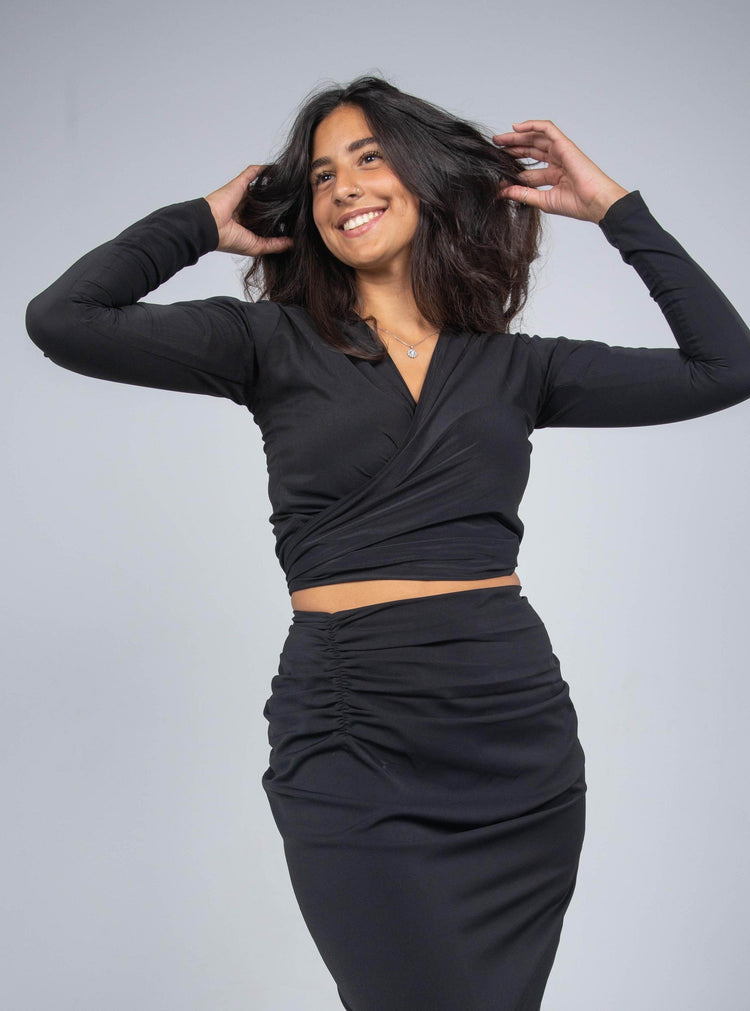 LONG SLEEVE V NECK TIE KNOT BANDAGE WRAP BLOUSE - MOONMAINS EGY