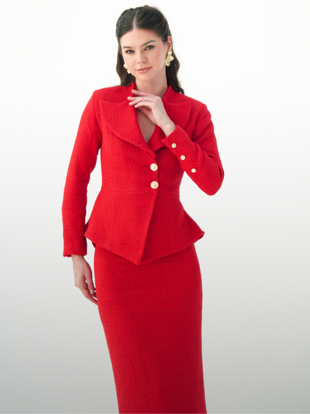 Tweed Long Skirt Red Suit