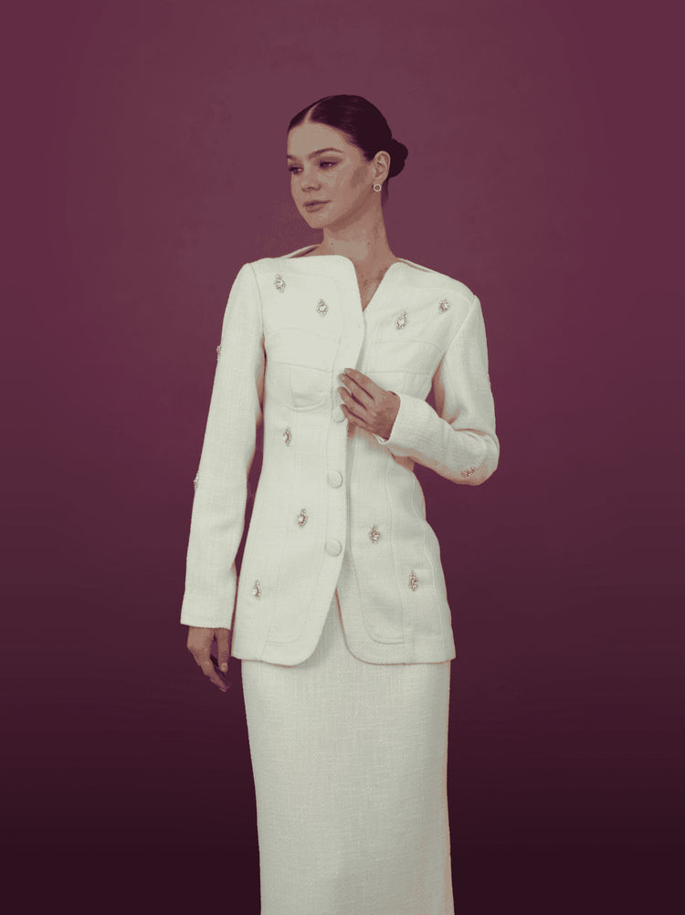 Embellished Ivory Jacket and Skirt Ensemble - MOONMAINS EGY