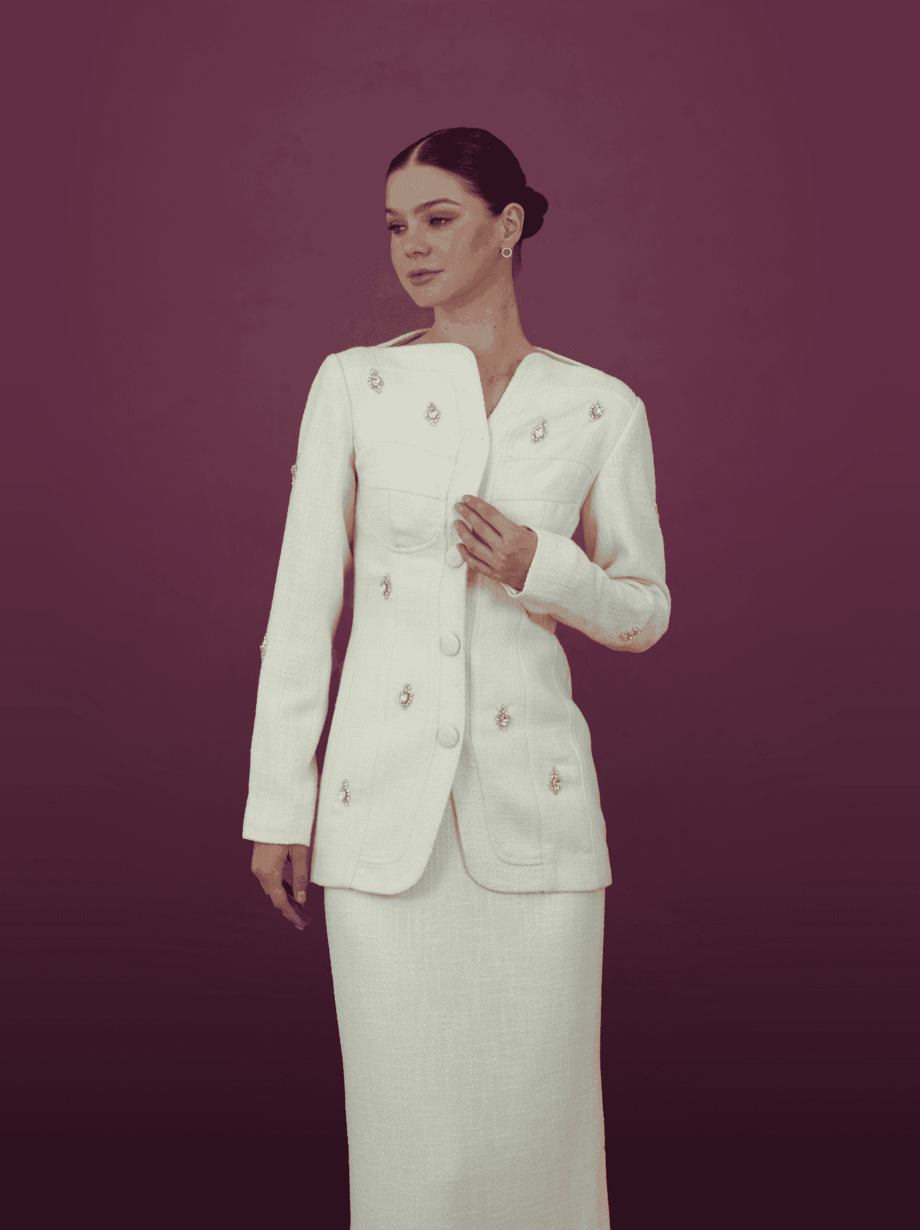 Embellished Ivory Jacket and Skirt Ensemble - MOONMAINS EGY