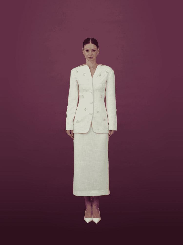 Embellished Ivory Jacket and Skirt Ensemble - MOONMAINS EGY