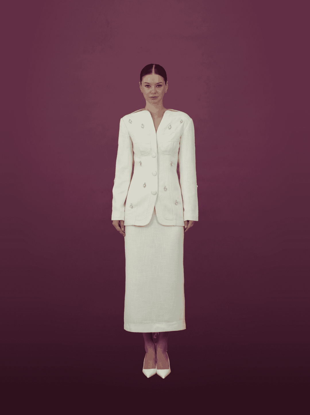 Embellished Ivory Jacket and Skirt Ensemble - MOONMAINS EGY