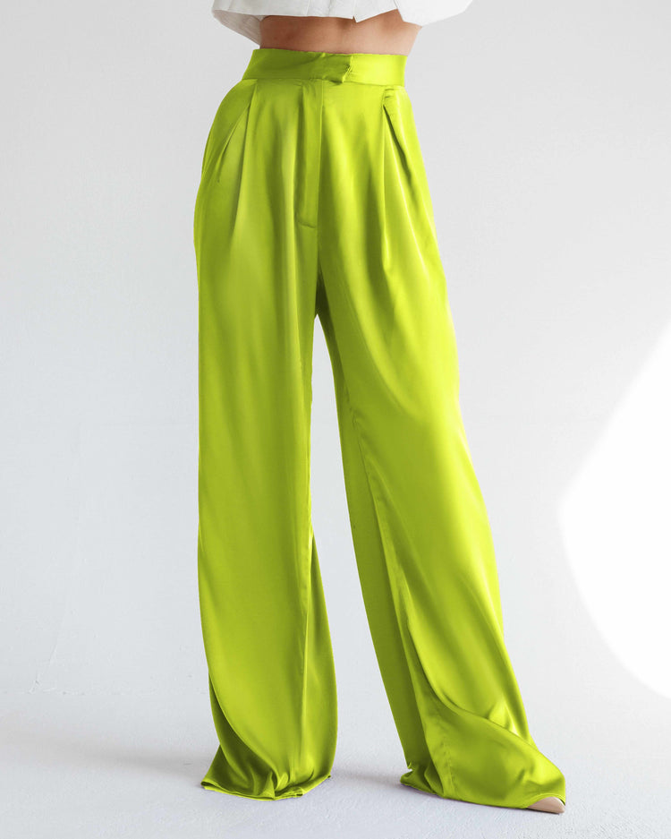 High-waisted lemon yellow satin wide-leg trousers for women, elegant and stylish fashion