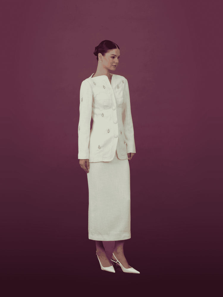 Embellished Ivory Jacket and Skirt Ensemble - MOONMAINS EGY