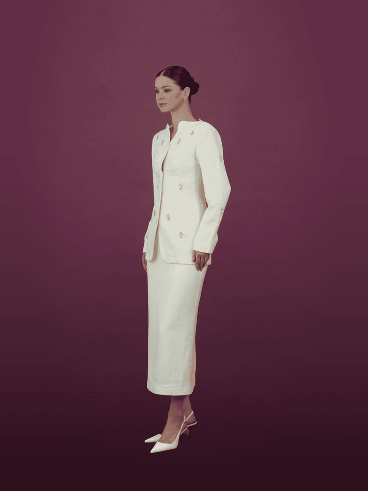 Embellished Ivory Jacket and Skirt Ensemble - MOONMAINS EGY