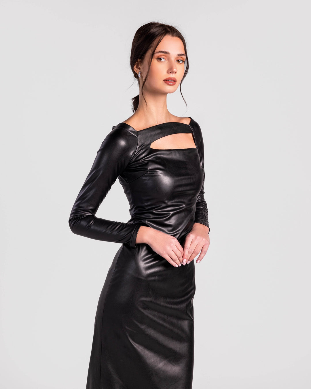 Noor Cut-Out Leatherette Midi Dress – MOONMAINS EGY Noor Cut-Out Leatherette Midi Dress – MOONMAINS EGY
