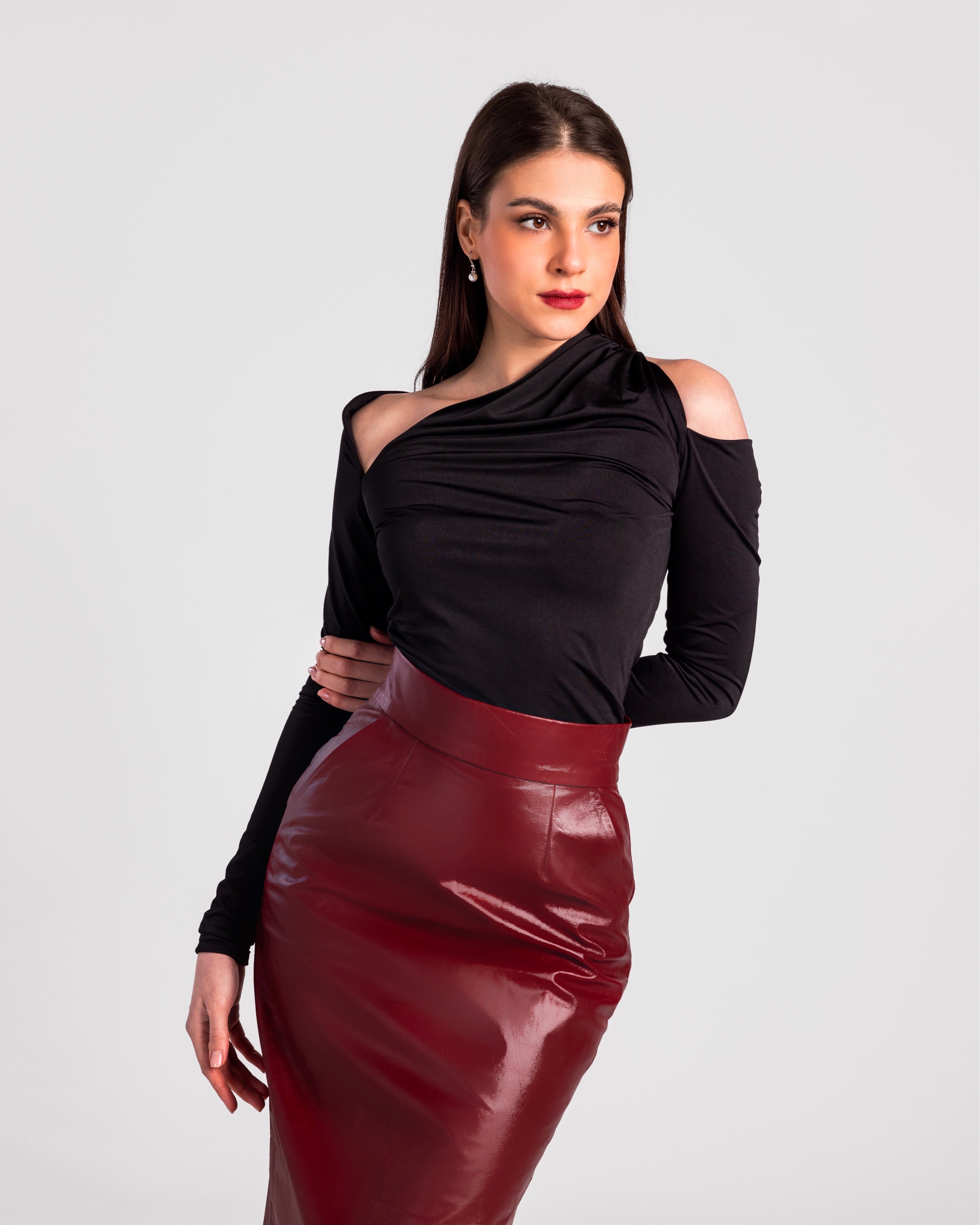 High-Waist Real Leather Pencil Skirt" - MOONMAIN