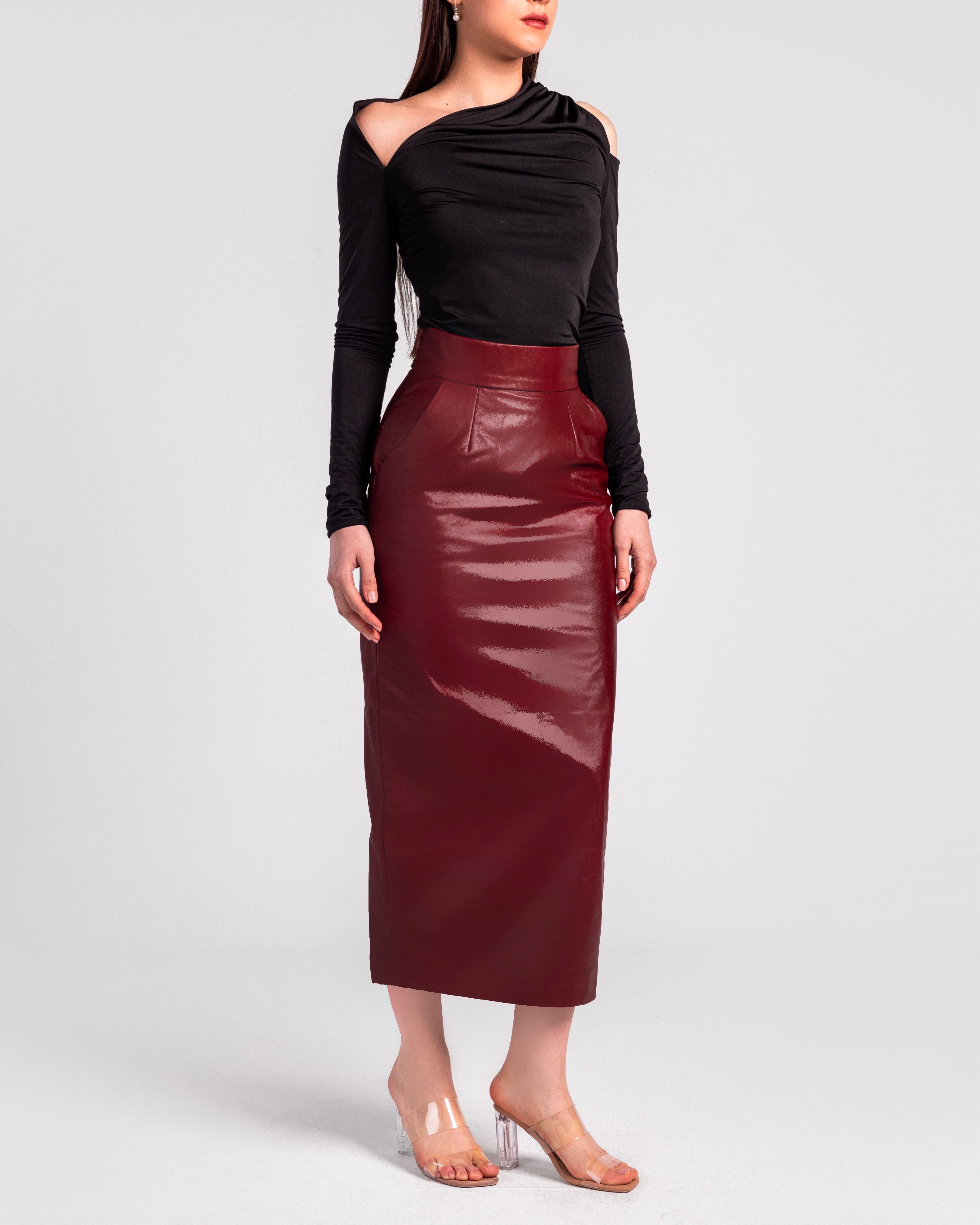 High-Waist Real Leather Pencil Skirt" - MOONMAIN