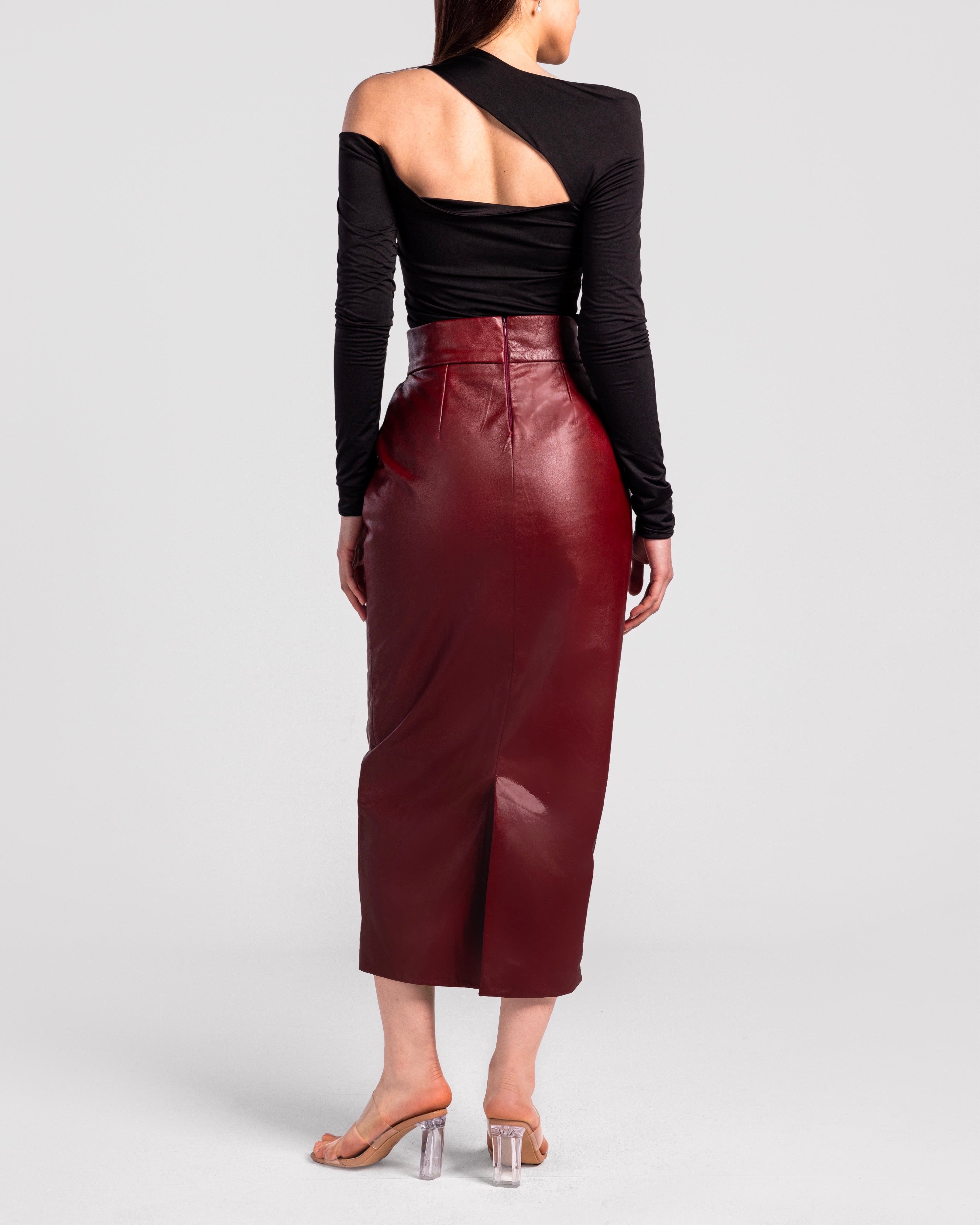 High-Waist Real Leather Pencil Skirt" - MOONMAIN