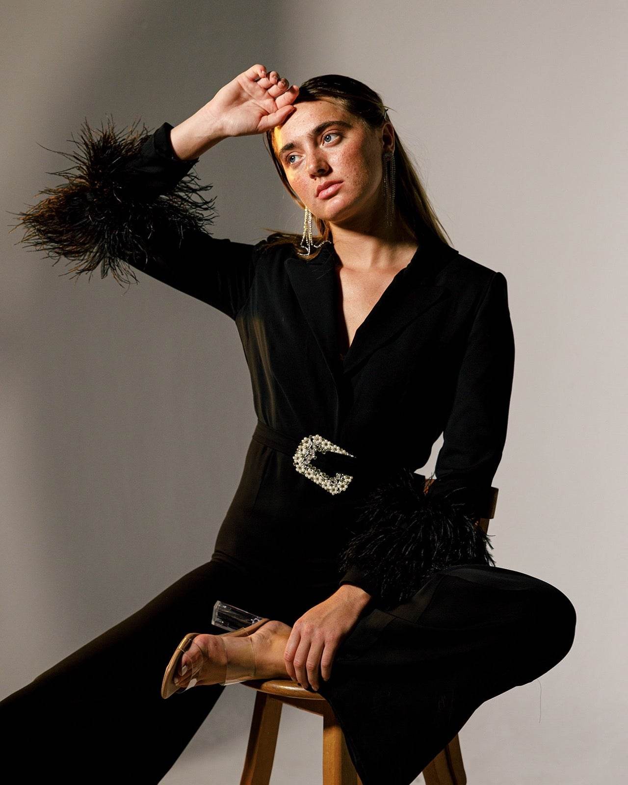 BELTED EMBELLISHED FEATHER- TRIMMED CREPE JUMPSUIT - MOONMAINS EGY