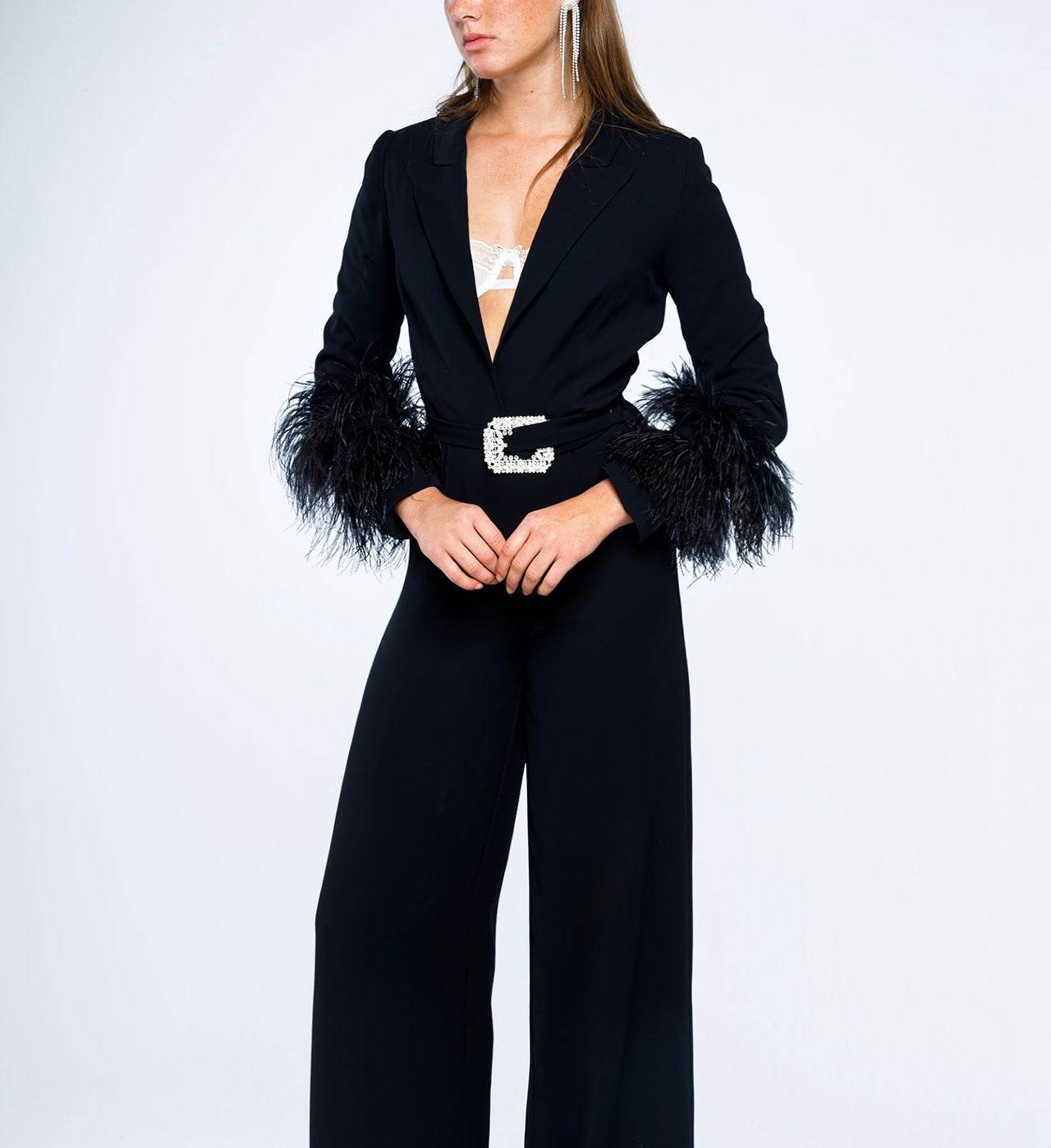 BELTED EMBELLISHED FEATHER- TRIMMED CREPE JUMPSUIT - MOONMAINS EGY