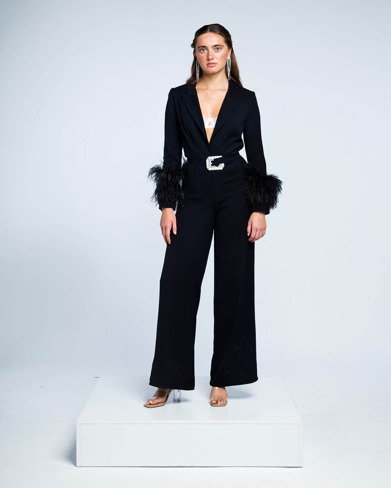 BELTED EMBELLISHED FEATHER- TRIMMED CREPE JUMPSUIT - MOONMAINS EGY
